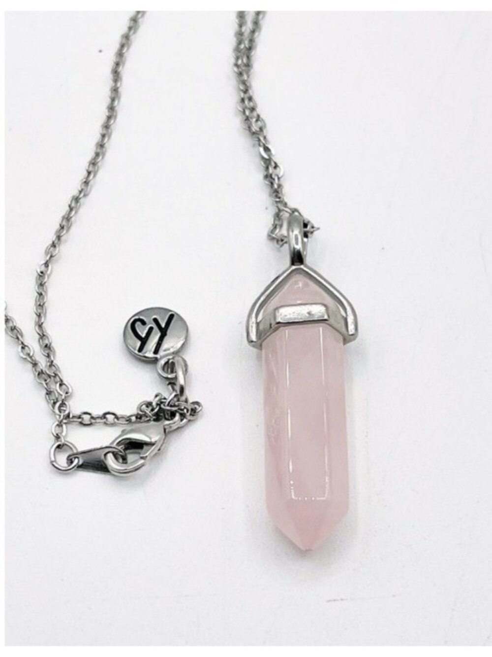 T. Jazelle Silver Tone Rose Quartz Crystal Point Pendant Necklace